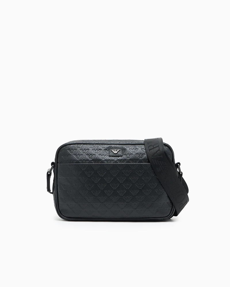 Emporio Armani - Leather shoulder bag with all-over embossed eagle , Man, Black, Size: TU