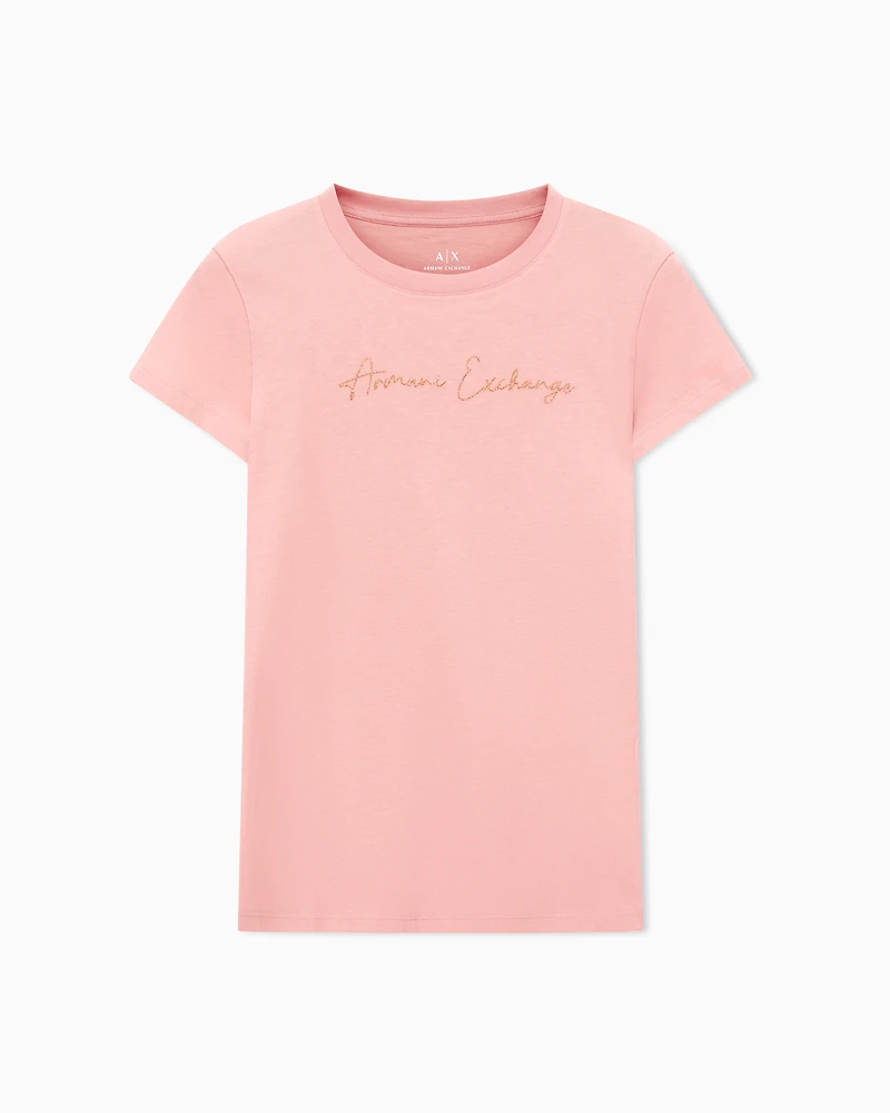 Armani Exchange - Slim fit T-shirt with glitter logo, Woman, Pink, Size: