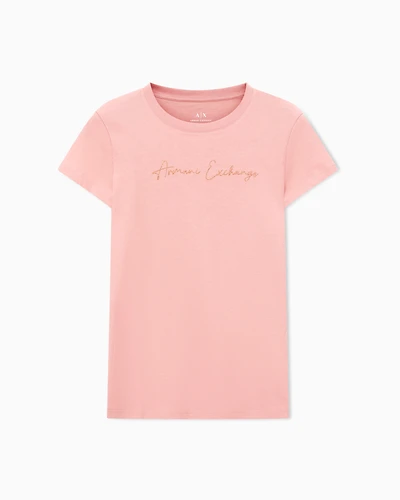 Armani Exchange - Slim fit T-shirt with glitter logo, Woman, Pink, Size: