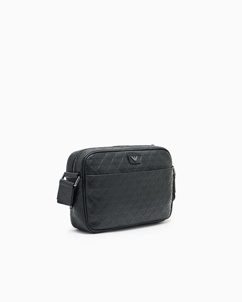 Emporio Armani - Leather shoulder bag with all-over embossed eagle , Man, Black, Size: TU