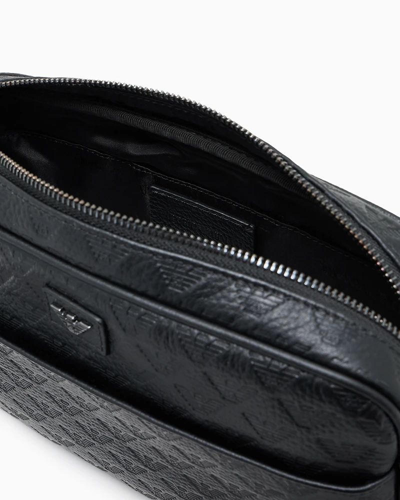 Emporio Armani - Leather shoulder bag with all-over embossed eagle , Man, Black, Size: TU
