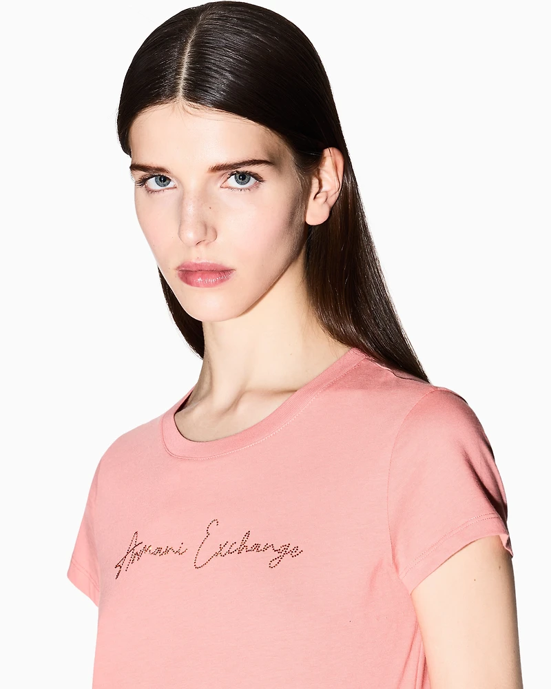 Armani Exchange - Slim fit T-shirt with glitter logo, Woman, Pink, Size: