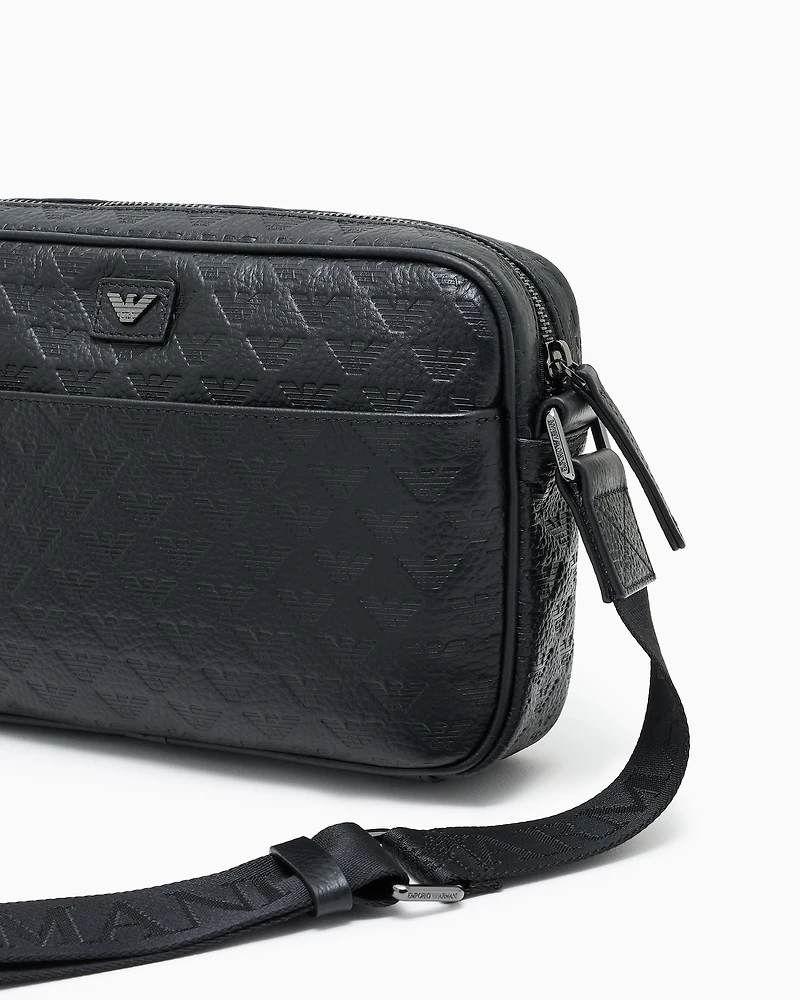 Emporio Armani - Leather shoulder bag with all-over embossed eagle , Man, Black, Size: TU