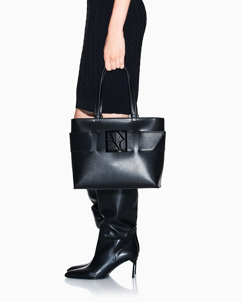 Armani Exchange - Medium shopper bag with tone-on-tone monogram, Woman, Black, Size: TU