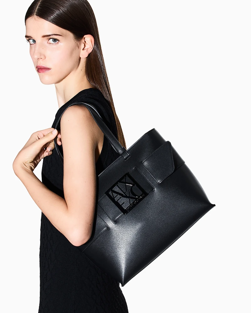 Armani Exchange - Medium shopper bag with tone-on-tone monogram, Woman, Black, Size: TU