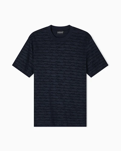 Emporio Armani - ASV Lyocell-blend jersey T-shirt with all-over flocked logo, Man, Navy Blue, Size: