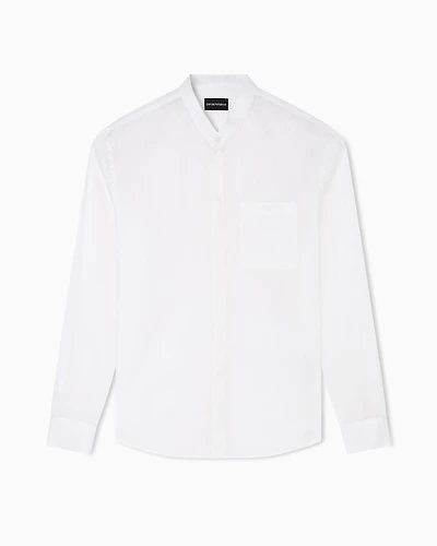 Emporio Armani - Linen and silk blend chambray shirt with guru collar, Man, White, Size: