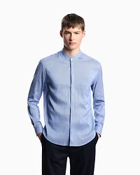 Emporio Armani - Linen and silk blend chambray shirt with guru collar, Man, Light Blue, Size: