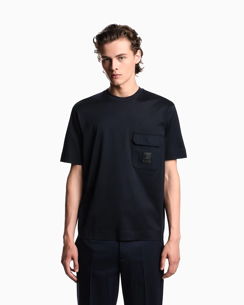 Emporio Armani - Lyocell-blend jersey T-shirt with nylon pocket and logo patch, Man, Navy_blue, Size: