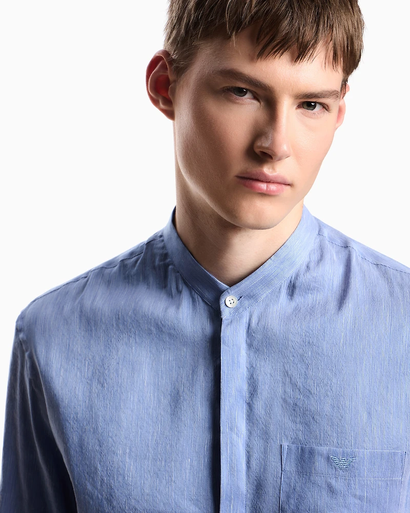 Emporio Armani - Linen and silk blend chambray shirt with guru collar, Man, Light Blue, Size: