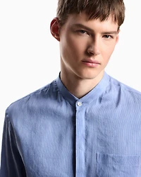 Emporio Armani - Linen and silk blend chambray shirt with guru collar, Man, Light Blue, Size:
