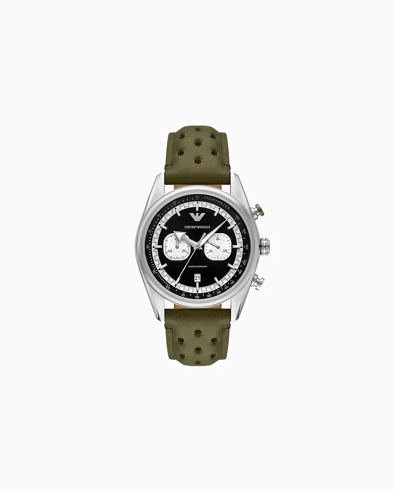 Emporio Armani - Chronograph Green Leather Watch, Man, Multicoloured, Size: TU