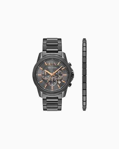  Chronograph Gunmetal Stainless Steel Watch and Bracelet Gift Set