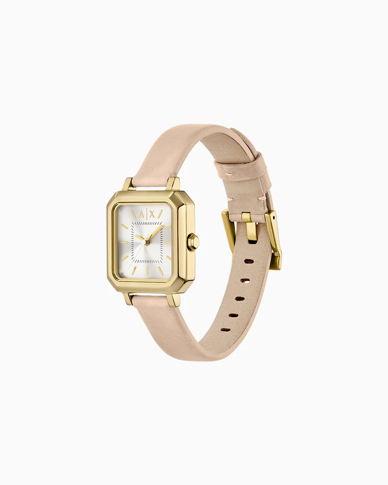 Three-Hand Nude Leather Watch and Bracelet Gift Set