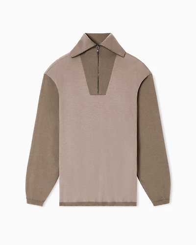 Emporio Armani - Two-tone plain-knit virgin-wool partial-zip jumper, Man, Brown, Size: