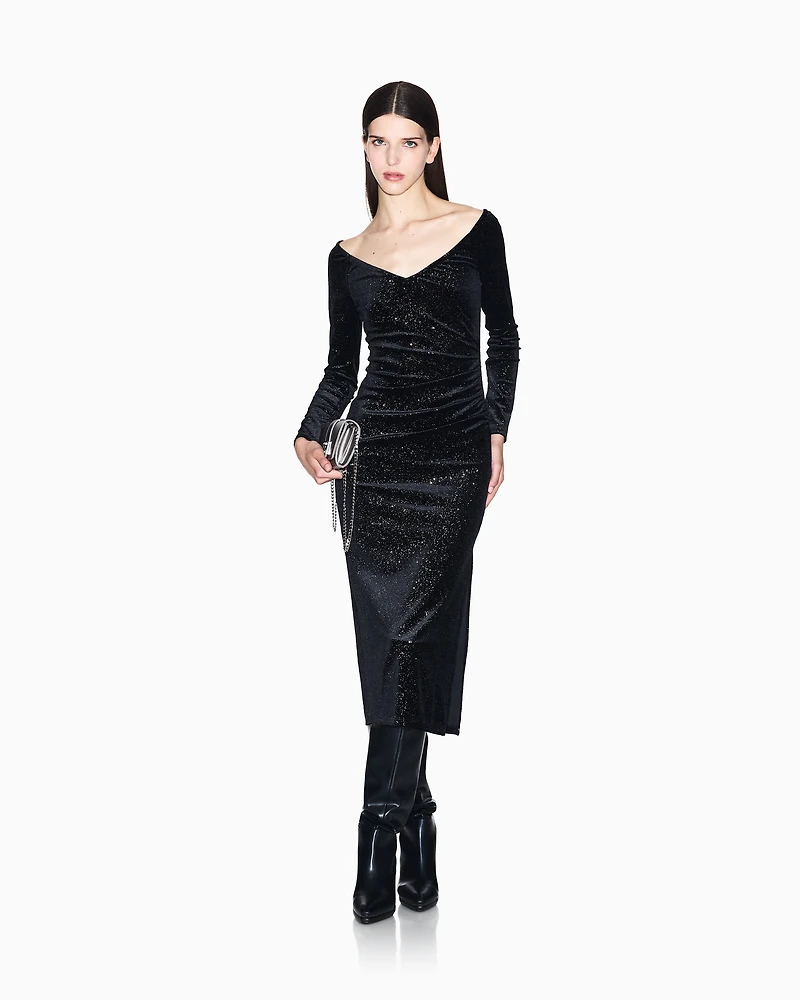 Armani Exchange - Black velvet midi dress with micro-glitter, Woman, Black, Size: