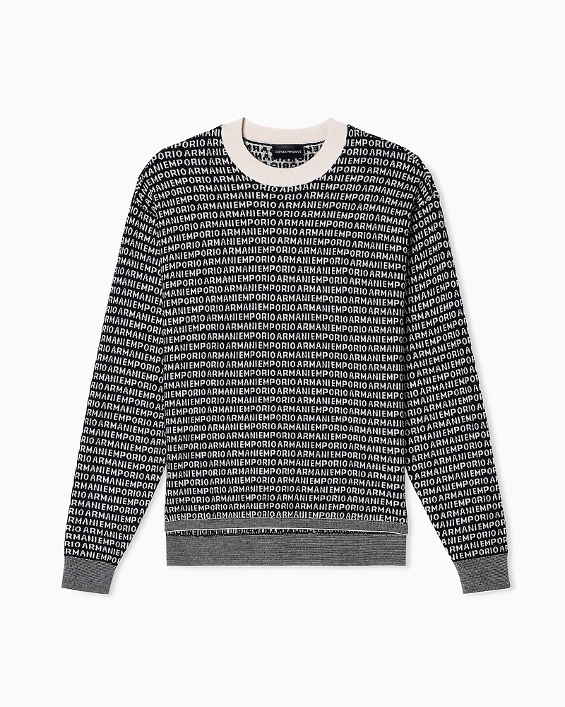 Emporio Armani - Virgin-wool jumper with all-over jacquard signature logo, Man, Black, Size: