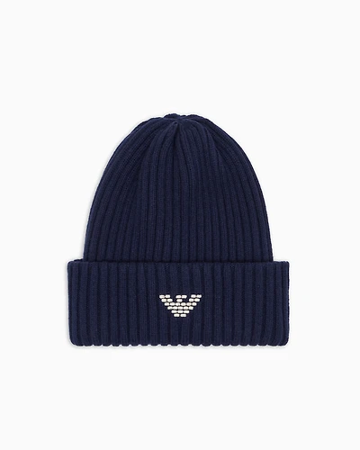 Emporio Armani - New York capsule collection ribbed wool-blend beanie, Man, Navy Blue, Size: