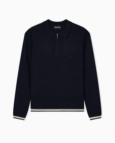 Emporio Armani - Polo-shirt collar jumper pure virgin wool, Man, Navy Blue, Size: