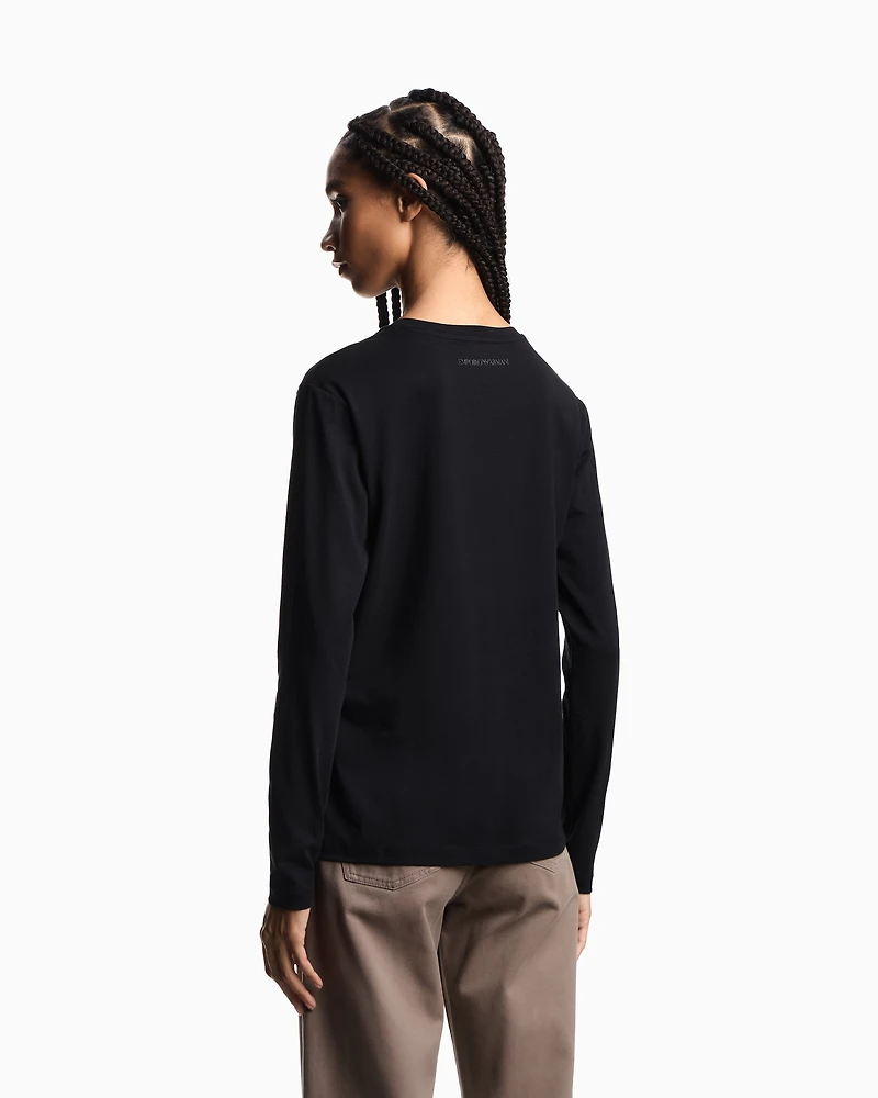 Emporio Armani - ASV organic-jersey long-sleeved T-shirt with a flocked logo print, Woman, Black, Size: