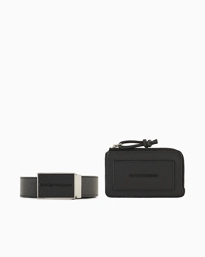 Emporio Armani - Gift box with tumbled-leather belt and card holder, Man, Black, Size: TU
