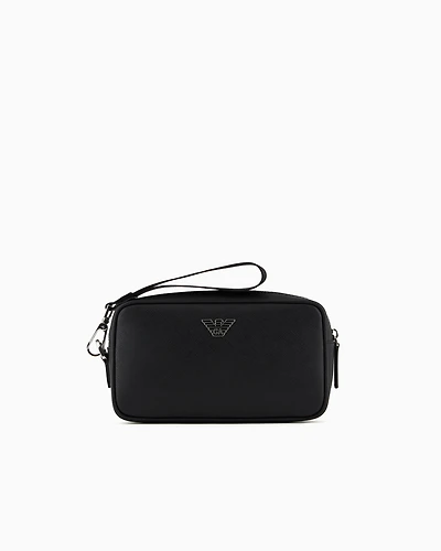Emporio Armani - ASV regenerated Saffiano leather washbag with eagle plate, Man, Black, Size: TU