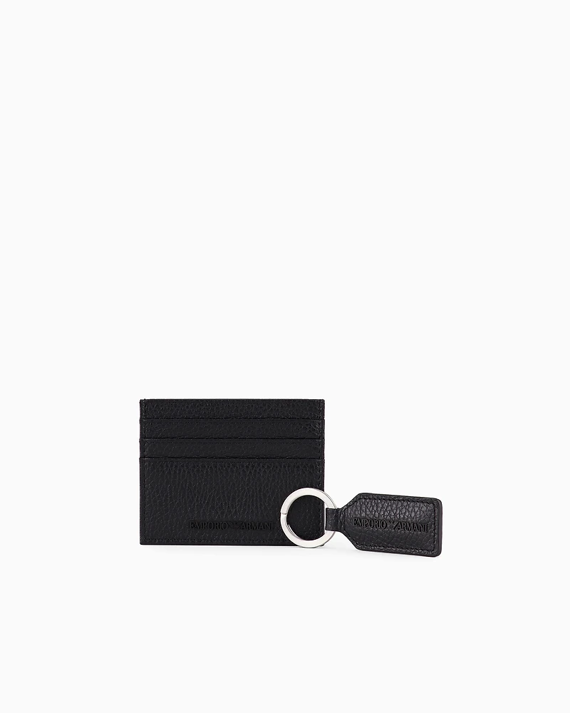 Emporio Armani - Gift box with card holder and keyring in tumbled leather, Man, Black, Size: TU