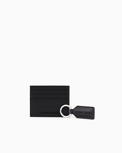 Emporio Armani - Gift box with card holder and keyring in tumbled leather, Man, Black, Size: TU