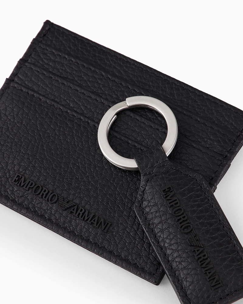 Emporio Armani - Gift box with card holder and keyring in tumbled leather, Man, Black, Size: TU