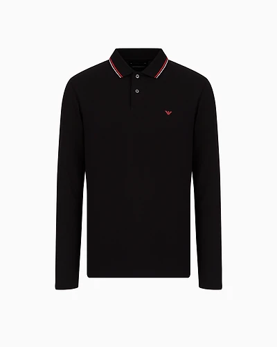 Emporio Armani - Long-sleeved stretch piqué polo shirt with micro eagle embroidery, Man, Black, Size: