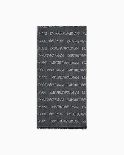 Emporio Armani - Virgin-wool blend scarf with jacquard logo lettering and fringes, Man, Blue, Size: TU