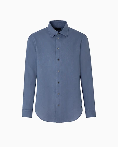 Emporio Armani - Garment-dyed linen shirt with French collar, Man, Light Blue, Size: