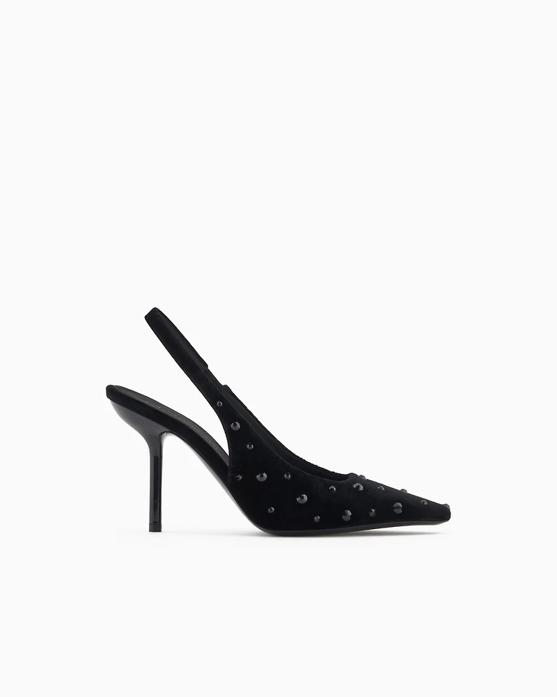 Emporio Armani - Velvet slingback court shoes with rhinestones, Woman, Black, Size: