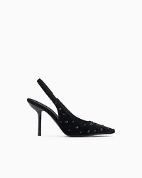 Emporio Armani - Velvet slingback court shoes with rhinestones, Woman, Black, Size: