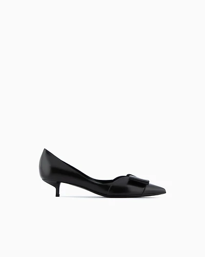 Emporio Armani - Nappa leather kitten-heeled court shoes with bow, Woman, Black, Size: