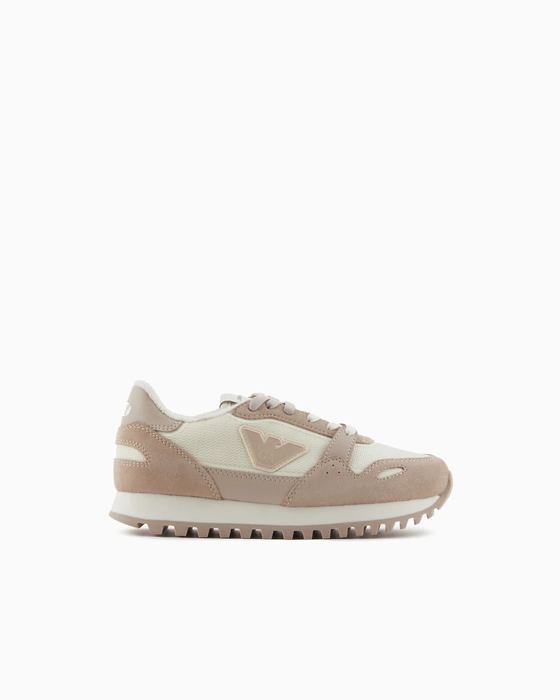Emporio Armani - Mesh sneakers with suede details and eagle patch, Boy, Beige, Size:
