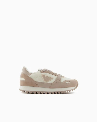 Emporio Armani - Mesh sneakers with suede details and eagle patch, Boy, Beige, Size: