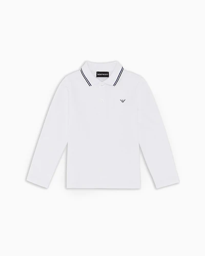 Emporio Armani - Long-sleeved stretch piqué polo shirt with micro eagle embroidery, Boy, White, Size: