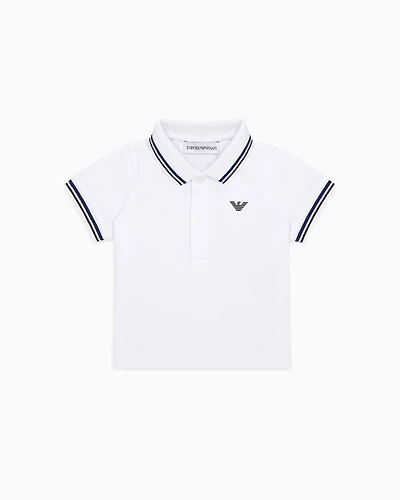 Emporio Armani - Stretch piqué polo shirt with striped trim, Boy, White, Size: