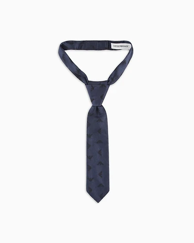 Emporio Armani - Pure silk tie with all-over jacquard eagle, Boy, Navy Blue, Size: