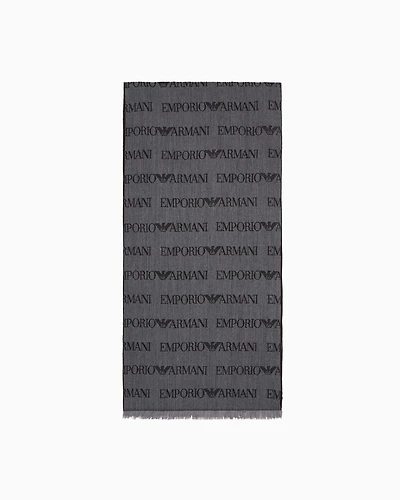 Emporio Armani - Virgin-wool blend scarf with jacquard logo lettering and fringes, Man, Grey, Size: TU