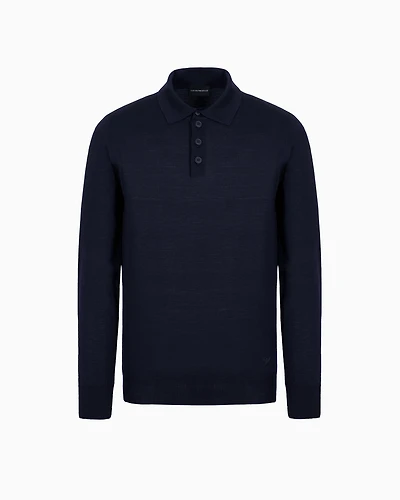 Emporio Armani - Virgin-wool jumper with polo-shirt collar, Man, Navy_blue, Size: