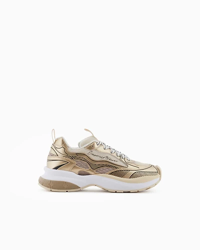 Emporio Armani - Mesh sneakers with laminated details and signature logo, Woman, Gold, Size: