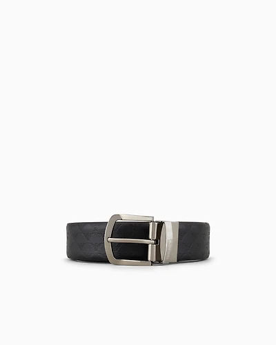 Emporio Armani - Reversible leather belt with all-over monogram, Man, Black, Size: TU