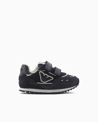 Emporio Armani - Mesh sneakers with suede details and eagle patch, Boy, Navy Blue, Size: