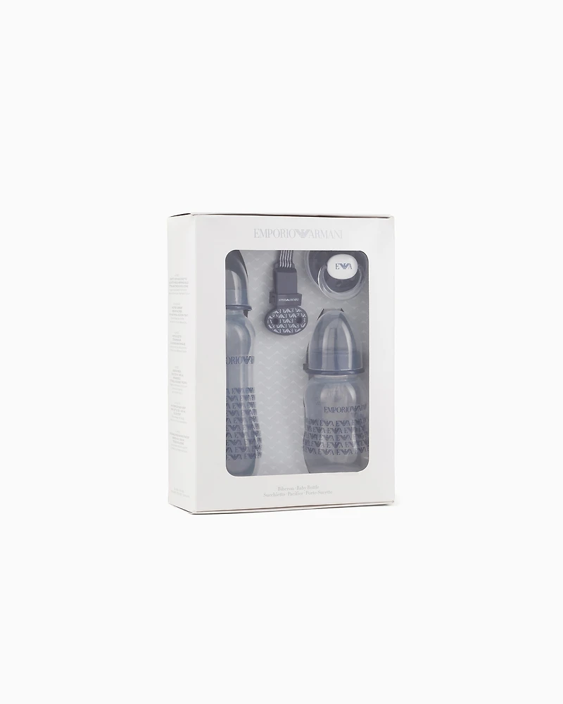 Emporio Armani - Infant-care set with two bottles, dummy and clip-on drawstring, Boy, Blue, Size: TU