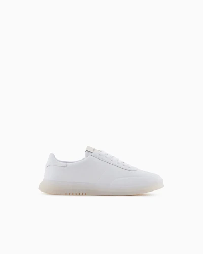 Emporio Armani - Leather sneakers with semi-transparent sole, Man, White, Size: