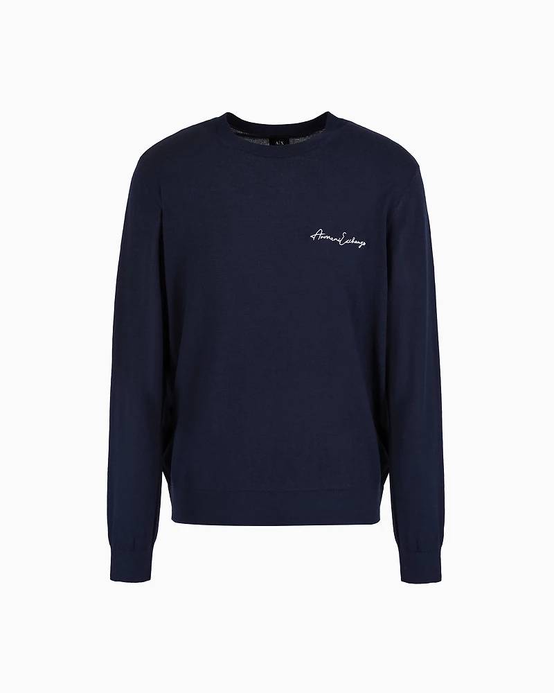 Armani Exchange - Wool blend crew neck sweater with chest logo, Man, Navy Blue, Size: