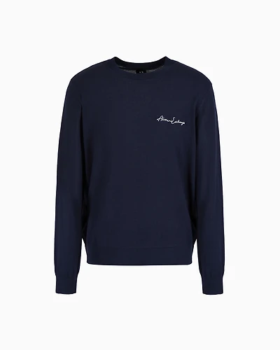 Armani Exchange - Wool blend crew neck sweater with chest logo, Man, Navy Blue, Size: