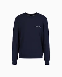 Armani Exchange - Wool blend crew neck sweater with chest logo, Man, Navy Blue, Size:
